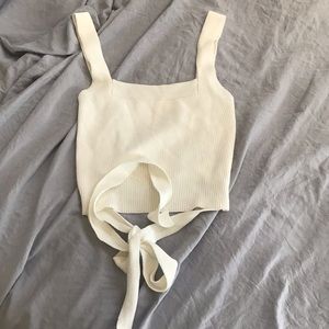White ribbed knit top with back tie detail